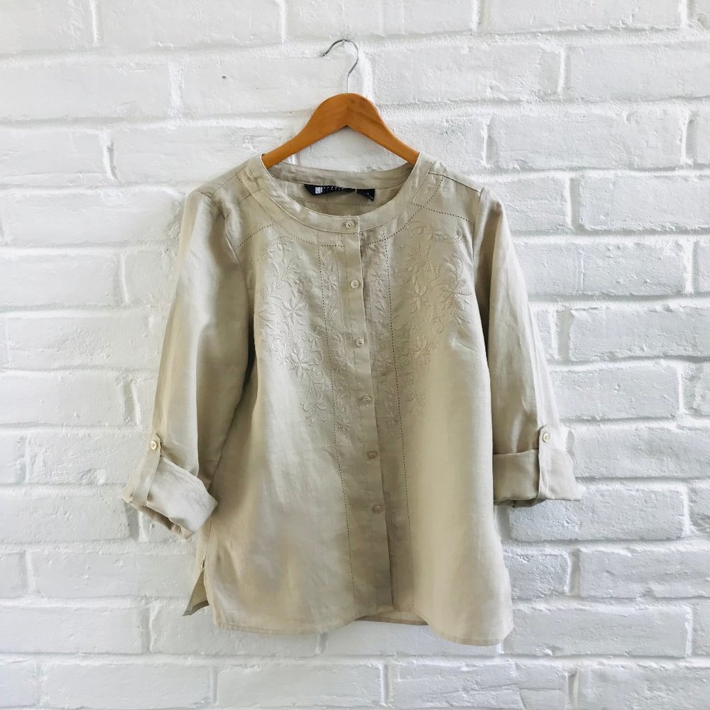 Carole Little Beige Embroidered Button-Front Blouse